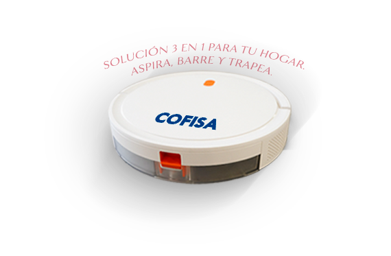 White circular COFISA cleaning device with an orange latch and a slogan about a 3‑in‑1 home solution that vacuums, sweeps, and mops.