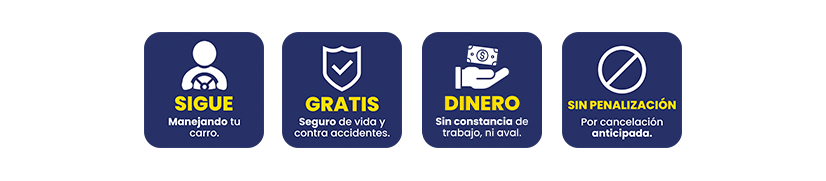 Cuatro iconos azules con mensajes de beneficios: 1) sigue manejando tu carro; 2) gratis: vida y contra accidentes; 3) dinero: sin constancia de trabajo ni aval; 4) sin penalización por cancelación anticipada.