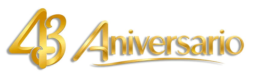 Gold 43 Aniversario logo with a curved underline on a black background.